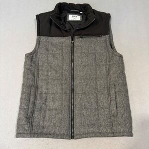 BKE Vest Mens Large Grey Black Herringbone Tweed Mixed Media Full Zip Quilted